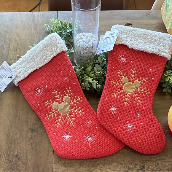 DISNEY PARKS Red Holiday Stockings with Gold Snowflake...